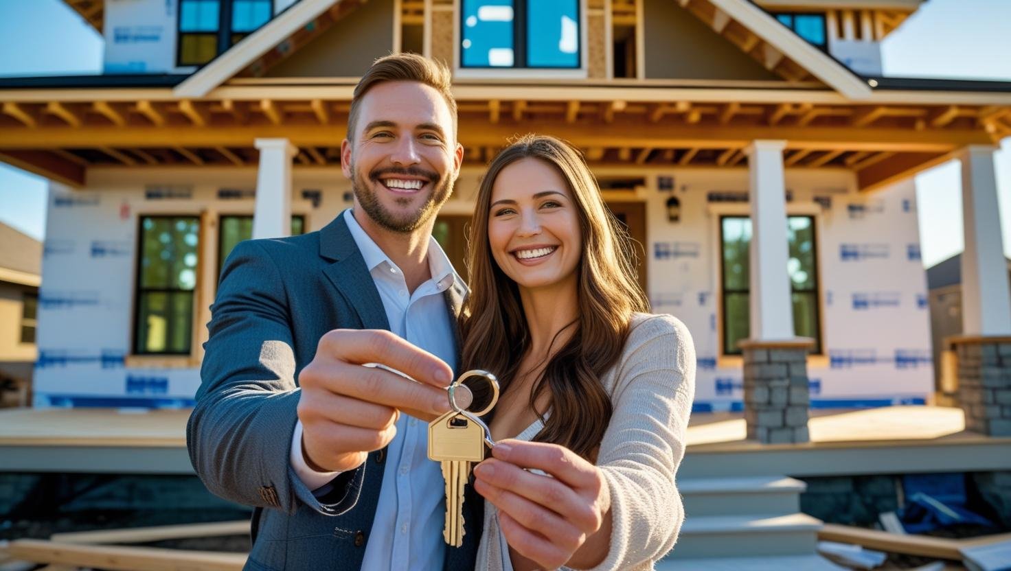 Happy couple holding house keys